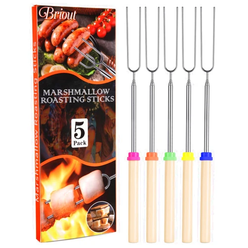 Briout Marshmallow Roasting Sticks - Smores Stick for Fire Pit - Hot Dog Campfire Skewers Marshmallow Camping 32 Inch Long Extendable Forks - 5 Pack