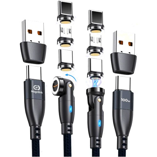 Magnilink 360 PRO 100W Magnetic USB C Phone Charger (Pack of 2) - 6 in 1 Magnet Charging Cable Fast Charging & Data - Works with i-Products, Type-C and Micro USB (Onyx Black)