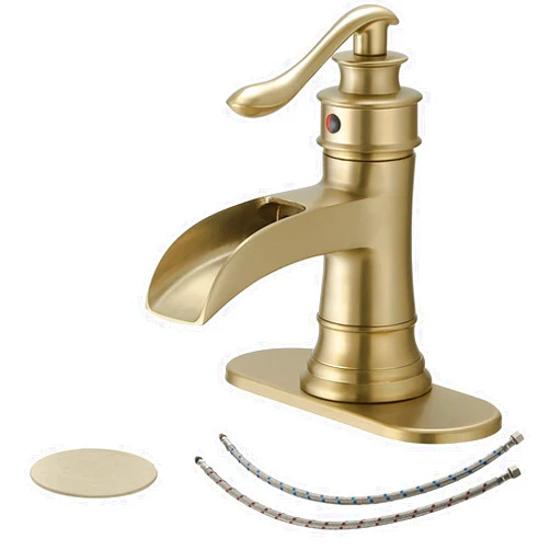 BWE Brushed Gold Bathroom Faucet Waterfall Single Handle One Hole Bathroom Sink Faucet Deck Mount Lavatory Commercial with Pop Up Drain Assembly and Deck Plate Mixer Tap