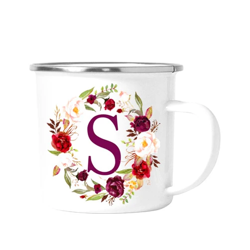 Andaz Press Stainless Steel 11oz. Campfire Coffee Mug Gift, Fall Autumn Burgundy Marsala Floral Wreath Monogram Initial Letter S, 1-Pack, Christmas Birthday Camping Camp Cup, Includes Gift Box