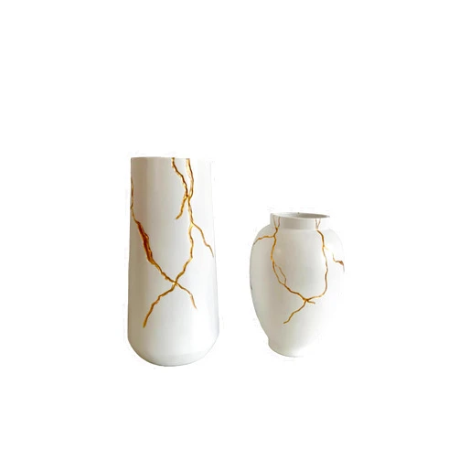 Haute Collage White Vase Table Decor inspired by Kintsugi Japanese Art Gold & White Flowervase (Tapered), Classic, Tapered, Bag