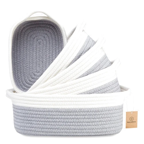 NaturalCozy 5-Piece Rectangle Storage Basket Set- Natural Cotton Rope Woven Baskets for Organizing! Small Basket for Montessori, Baby Nursery, Dog Toy Baskets, Cat Toy Box, Bathroom Organization Bin