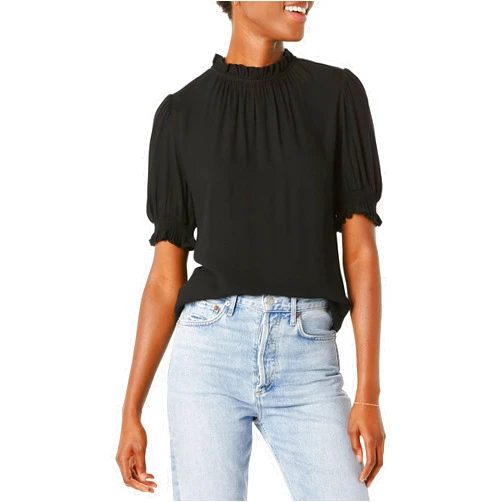 Amazon Essentials Women's Fluid Twill Short Puff Sleeve Smock Detail Shirt