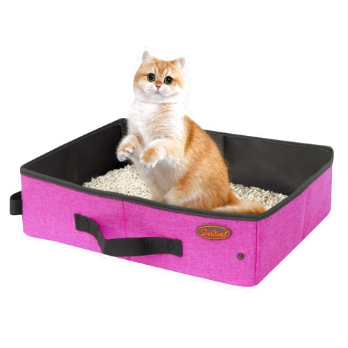 Deblue Portable Cat Travel Litter Box in Car, Waterproof Collapsible Cat Litter Carrier Tray Lightweight Litter Box for Outdoor fits Medium Cats and Kitties, Leak-Proof, Sturdy-Pink