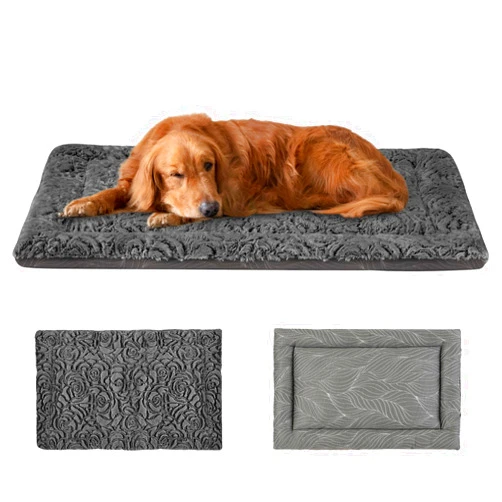 Pawzone 2 in 1 Dog Beds Mat Crate Pad & Dog Cooling Mats Washable Reversible Soft Fluffy Pet Kennel Beds for Large Medium Small Puppy Cat Sleeping Mattress Machine Wash, Grey