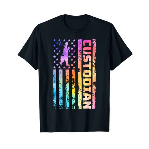 Funny School Custodian Janitor Matching Squad Crew School Custodian US American Flag Gifts Back To School Retro T-Shirt