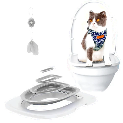 IFASHIHOME Cat Toilet Training Kit,Cat Toilet Training Systems,Reusable Plastic Cat Toilet Trainer for Pet Cleaning with 1 Replaceable Cat Feather Toy,Litter Boxes(White Tray,1 Gray Inner Support)