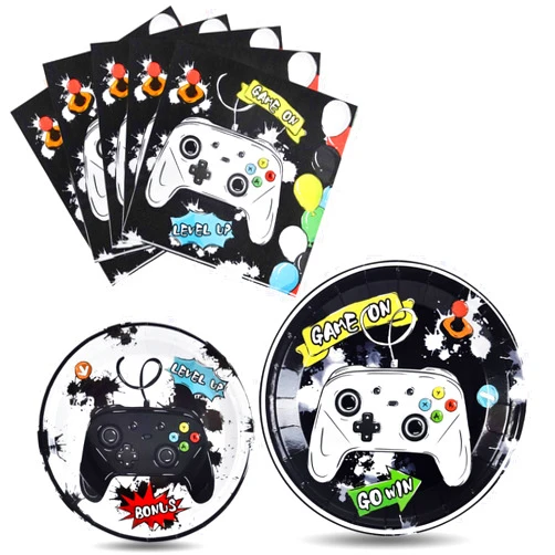 WERNNSAI Video Game Party Supplies - 48 PCS Watercolor Gaming Party Plates and Napkins Disposable Game Lovers Paper Plates Napkins for Boys Gamer Birthday Dinner Dessert Decorations Serves 16 Guests