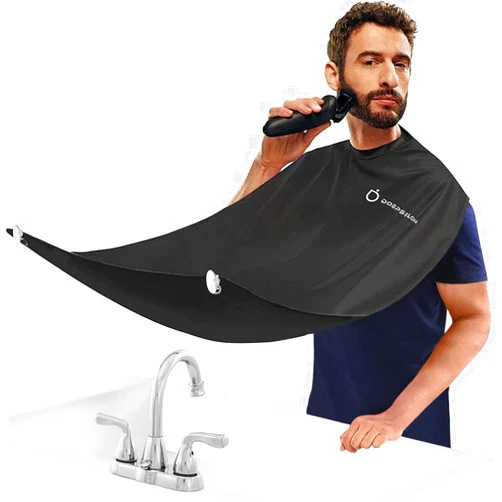 DOEPSILON Beard Bib Apron, Beard Hair Clippings Catcher for Shaving and Trimming, Non-Stick Beard Shave Cape, with 4 Suction Cups, Grooming Accessories, Black