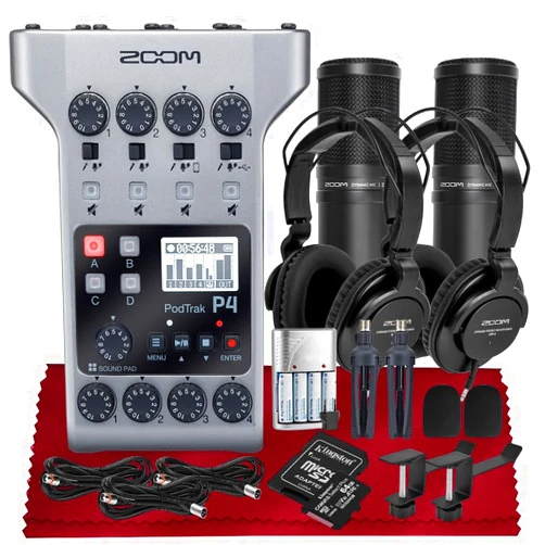 SonicSound Technologies Zoom PodTrak P4 Portable Multitrack Podcast Recorder, Audio Interface w/ 4 Mic Inputs, 4 Headphone Outputs with 2X Zoom DM1-PMP Podcast Mic Pack, 2X Headphone Hanger, Rechargeable Batteries & More