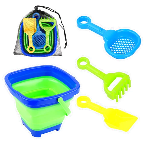 NQEUEPN Beach Toys Set, Collapsible Bucket with 3 Shovel Sand Toys & Mesh Bag Foldable Pail Bucket Beach Set for Toddler Kid Boy and Girl Sandbox Castle Building Kit Travel Beach Party Favor Summer Activities