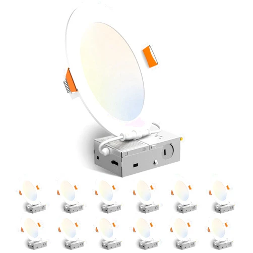 Amico 12 Pack 6 Inch 5CCT Ultra-Thin LED Recessed Ceiling Light with Junction Box, 1050LM Brightness, Dimmable Canless Wafer Downlight, 12W, ETL&FCC