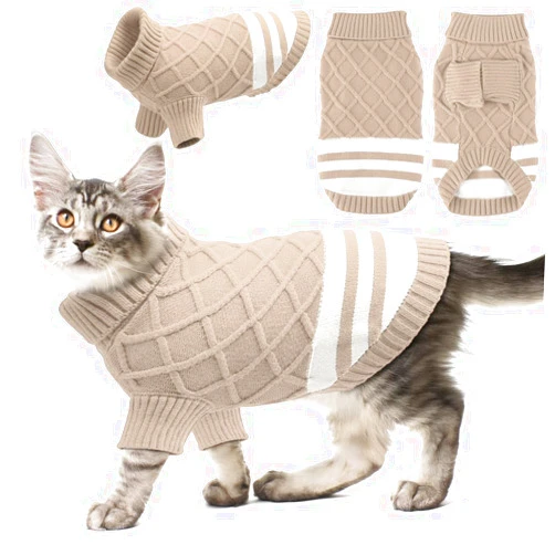 EMUST Cat Sweater, Warm Turtleneck Knitted Sweaters for Cats with Sleeves, Cozy Cold Weather Pullover Classic Puppy Kitten Sweater, Elastic Holiday Cat Winter Clothes, Khaki XS