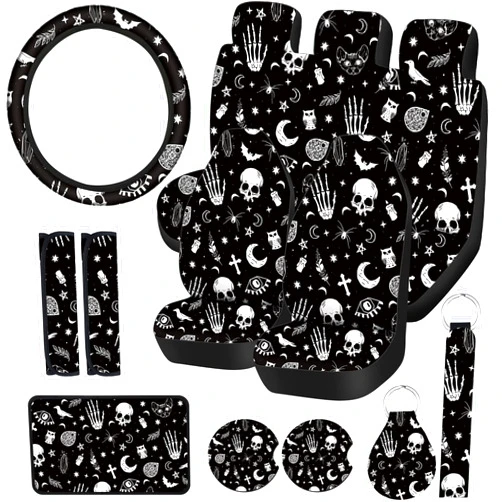 Frienda 15 Pieces Moon and Stars Car Seat Cover Full Set for Women Men Upgrade Thick Car Front Seat Covers Universal Steering Wheel Cover Separate Headrest Cover Seat Belt Pads(Skeleton Cat Pattern)