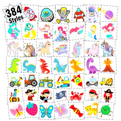 Partywind 384 Mixed Styles Temporary Tattoos for Kids, Cute Tattoo Stickers as Birthday Surprise Boys and Girls, Party Supplies Favors with Dinosaur/Mermaid/Pirate and More (8 Sheets)