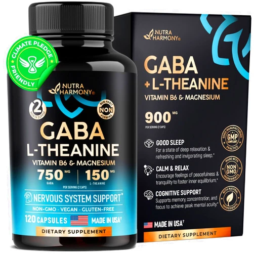 NUTRAHARMONY GABA L-Theanine 900 mg - Made in USA - Magnesium | Vitamin B6 - Calm, Sleep, Relaxation & Mood Support - 750 mg Gamma AminoButyric Acid, 150 mg L-Theanine - Non-Habit Forming, Vegan - 120 Capsules