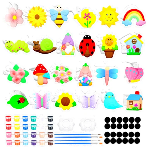 Simgoing 24 Sets Spring Kids Arts and Crafts Set Ceramic Painting Kit Unpainted Paintable Ceramics with 24 Magnet 4 Brushes and 2 Palette, Paint Your Own DIY Ceramic Figurines for Toddler Boys Girls