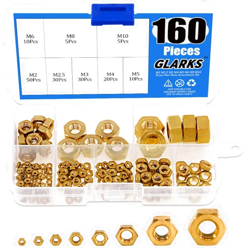 Glarks 160Pcs Metric M2 M2.5 M3 M4 M5 M6 M8 M10 High Strength Brass Hex Nuts Assortment Kit