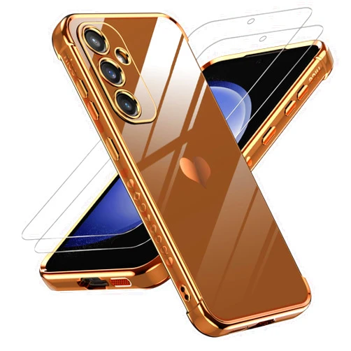 LeYi for S23 FE 5G Case: with Tempered Glass Screen Protector [2 Pcs]+ Full Camera Lens Protection,Love Heart Plating Girly Women Cute Luxury Soft TPU Shockproof Case for Samsung S23 FE 5G,Brown