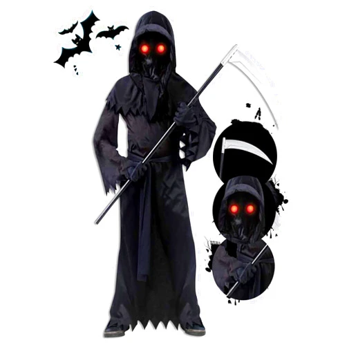 AnNido Grim Reaper Halloween Costume for Kids, Scary Halloween Party Makeup Costumes with Glowing Up Eyes for Boys & Girls