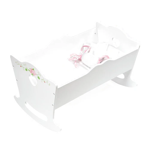 Badger Basket Doll Cradle with Deluxe Bedding – Charming White and Rose Design for 18 to 20-Inch Dolls, Complete with Personalization Kit and Pillows