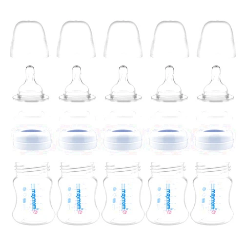 Maymom Wide-Mouth Milk Storage and Feeding Collection Bottle with Nipple, Dome Cap, Bottle Top, SureSeal Sealing Disk; Compatible with Spectra Pump/Motif Luna; 5 pc (4.7Oz/140mL)