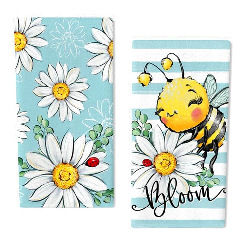 Seliem Spring Summer Daisy Flower Kitchen Dish Towels Set of 2, Bumble Bee Floral Bloom Hand Towels Drying Baking Cooking Cloth, Blue Stripes Eucalyptus Leaves Seasonal Home Kitchen Decor 18x26 Inch