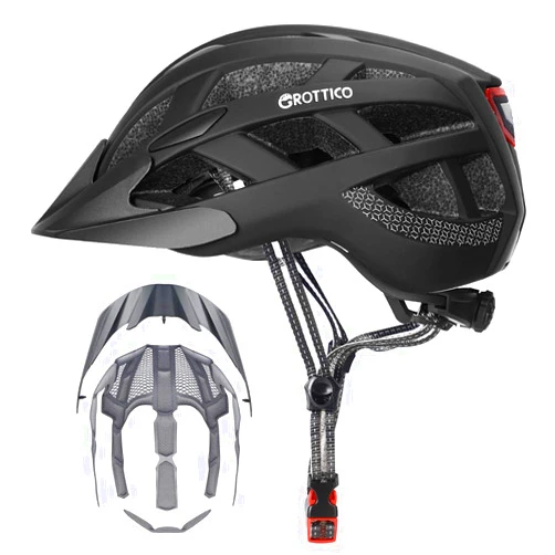 GROTTICO Adult-Men-Women Bike Helmet with Light - Mountain Road Bicycle Helmet with Replacement Pads & Detachable Visor
