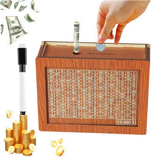 Jcxuot Cash Vault Wooden Savings Box,Coin Counter Piggy Bank, Money Box with Counter for Adults and Children,Cash Money Save Box with Marker Pen,Wooden Savings Box with Money Target & Numbers (10000 Dollar)