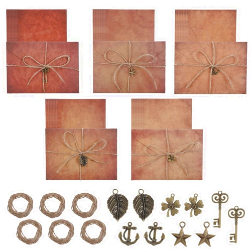 Teaaha 50 Pieces Vintage Stationary Paper and Envelopes Set, Antique Letter Papers, Kraft Envelopes, Retro Accessories, and Rope for Writing, Invitations, Special Occasions