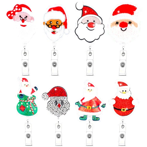 Gersoniel 8 Pieces Christmas Badge Reels Retractable Badge Holder Xmas ID Badge Clip Christmas Tree Reindeer Snowman Nurse Name Tag Clip Party Decorative for Worker Student Teacher (Embroidered Style)