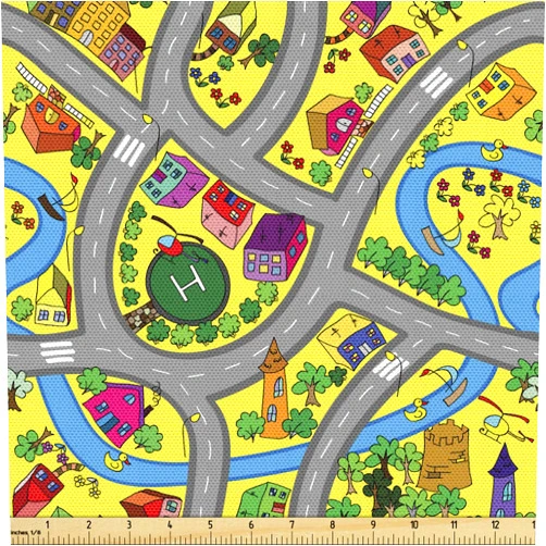 Ambesonne Car Race Track Fabric by The Yard, Abstract Roadway Activity Illustration with River Intersecting Roads, Decorative Fabric for Upholstery and Home Accents, 1 Yard, Grey Yellow