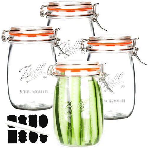 Anwoi Wide Mouth Glass Jars with Airtight Lid 32OZ 4 Pack, Kitchen Storage Large Clear Canister Jars with Hinged Lid with Measurement Marks For Canning,Coffee,Flour,Sugar,Beans
