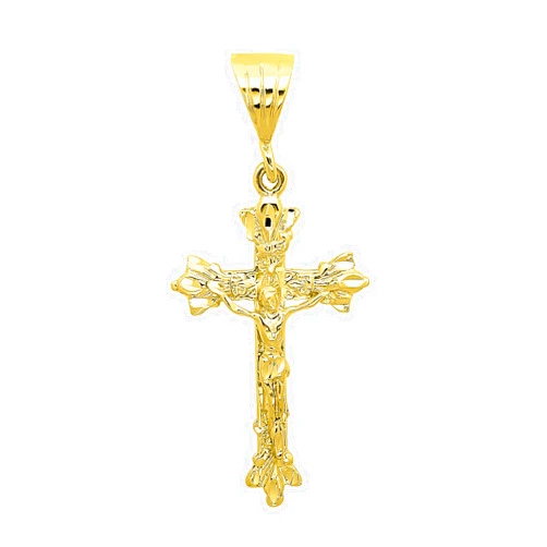 The Bling Factory 14k Gold Heavy Plated Fleur-De-Lis Trefoil Crucifix Pendant + Chain Necklace Choose Style (Rope, Figaro, or Curb) Set