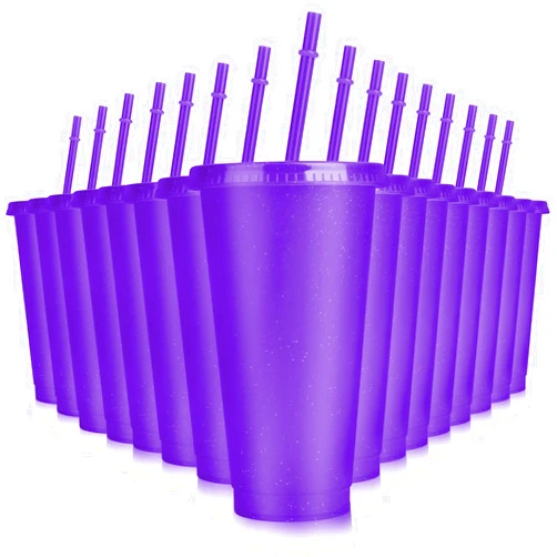 Hxezoc 16 Pieces Reusable Cups with Lids and Straws, 24 oz Glitter Plastic Tumbler Iced Coffee Cups Travel Mug Cup for Birthday Party, Smoothie Juices Beach Party, Bachelor Party (Purple)