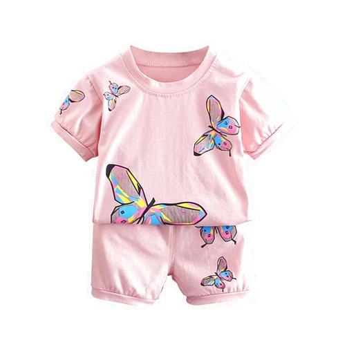 Generic Little Girl's Summer Casual Two Piece Suit Short Sleeve Butterfly Prints Round Neck T Shirt and (Pink, 18-24 Months)