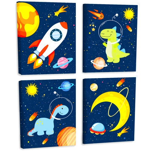 KAIRNE Outer Space Dinosaur Room Decor,Solar System Stars Wall Canvas Poster,Set Of 4 (12X16inch,framed) Planet Astronaut Art Print,Rocket Decor for Boys Room Toddler Kids Room Classroom Space Decor