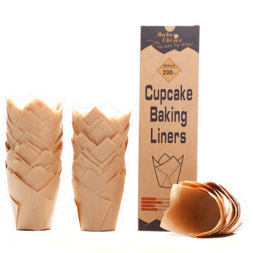 Bake Choice 200pcs Natural Tulip Cupcake Liners for Baking Cups Unbleached European Parchment paper Tulip Muffin Liners, Cupcake Wrapper for Party, Christmas