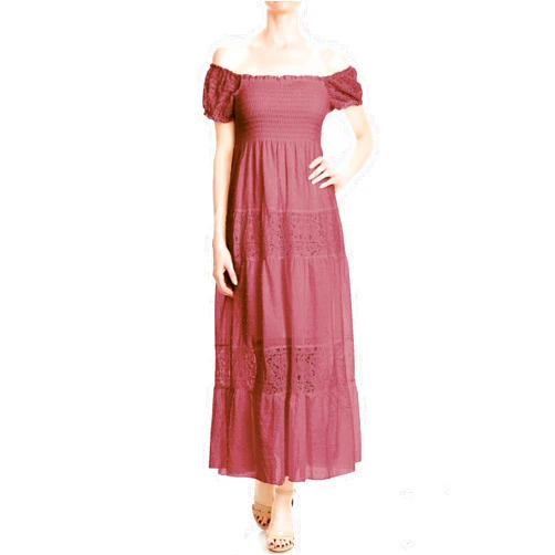 Anna-Kaci Women’s Boho-Chic Off-Shoulder Lace Maxi Dress with Smocked Detailing