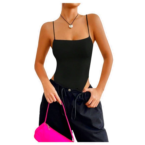 SweatyRocks Women's Casual Spaghetti Strap Backless High Cut Solid Cami Bodysuit