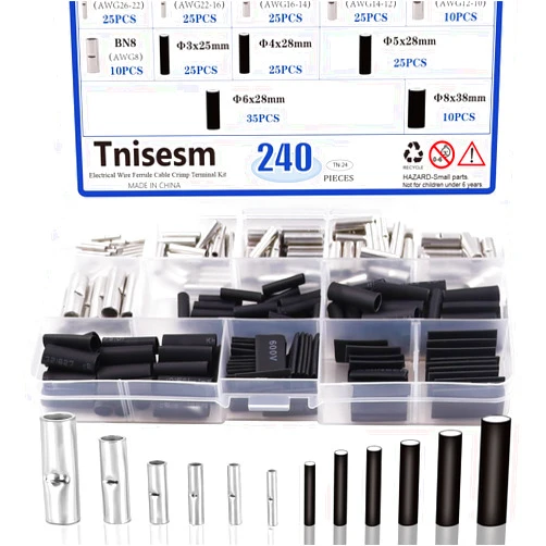 Tnisesm 240 Pcs Non-Insulated Butt Connectors Assortment Kit,Seamless Uninsulated Butt Connectors, Butt Splice Wire Connectors, Electrical Crimp Terminals Tn-24