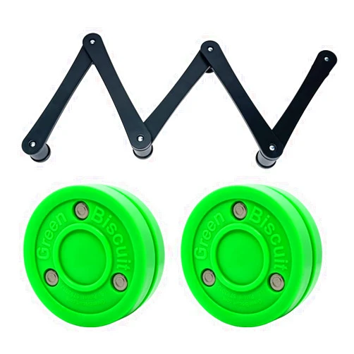 Top Shelf Targets Top Shelf Target Stick Handling Trainer with 2 Green Biscuit Original Pucks - Snake Trainer, Portable, Durable, and Adjustable Hockey Training Equipment for Puck Control, Reaction Time, & Coordination