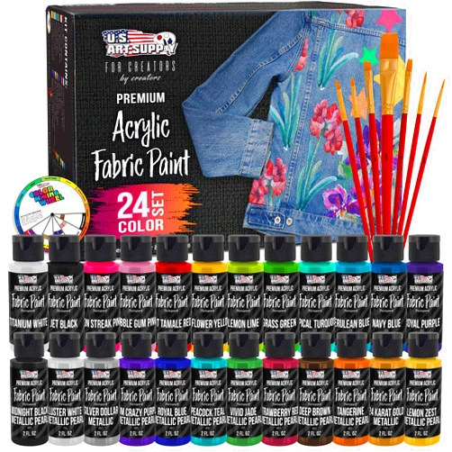 U.S. Art Supply 24 Color Set of Permanent Acrylic Fabric Paint in 2 Ounce Bottles, Plus a 7-Piece Brush Kit - Artists Textile Paint for Clothes, Denim, Canvas, Jeans, Jackets, T-Shirts, Bags, Shoes