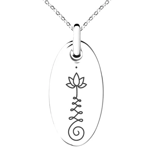 Tioneer Stainless Steel Sacred Lotus Unalome Symbol Small Oval Charm Pendant Necklace