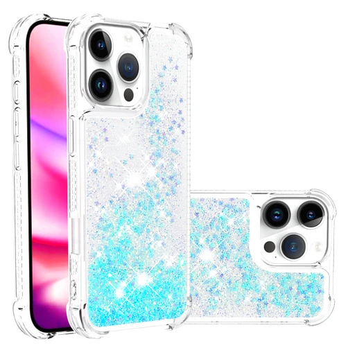 Asdsinfor Case for iPhone 16 Pro Max, Glitter Liquid Clear Flowing Quicksand TPU with Anti-Fall Belt Bumper Corner Shockproof Protection Cover for iPhone 16 Pro Max Silver Blue Star LSYB