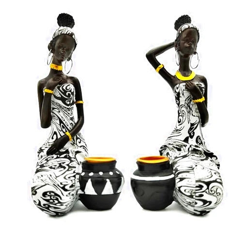 AKACIJA African Statues Art Sculptures Women Figure Girls Tribal Lady Figurine Black Women Home Decor Collectible Creative Vintage Gift Crafts (Black+White)