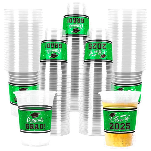 Gatherfun Class of 2025 Celebration - 100 Pcs 16oz Green Graduation Plastic Cups for Graduation Party | Sturdy & Durable Drinkware for Grad Festivities | Essential Graduation Party Supplies & Decorations