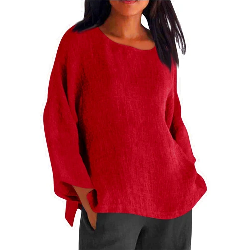 Generic Women's Plus Size Linen Shirts Fashion Long Sleeve Crew Neck Outfits Solid Color Lightweight Clothes Summer Tops