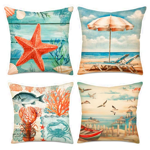 Xihomeli Set of 4 Retro Ocean Style Cushion Cover Case Vintage Farmhouse Pillow Case Sea Beach Marine Life and Sailboat Design Cotton Linen Throw Pillow Covers 18x18 Inches