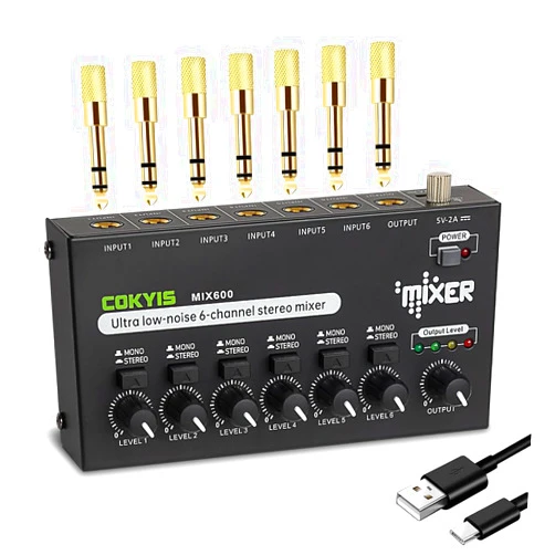 COKYIS Mini Audio Mixer, 6-Channel Stereo Line Mixer for Precision Sub-Mixing, with Ultra Low-Noise Operation, Independent Microphone Control, 1/4